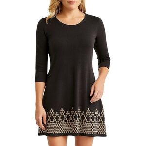 Eliza J Fit Flare Sweater Dress Small Grey Patterned Hem
